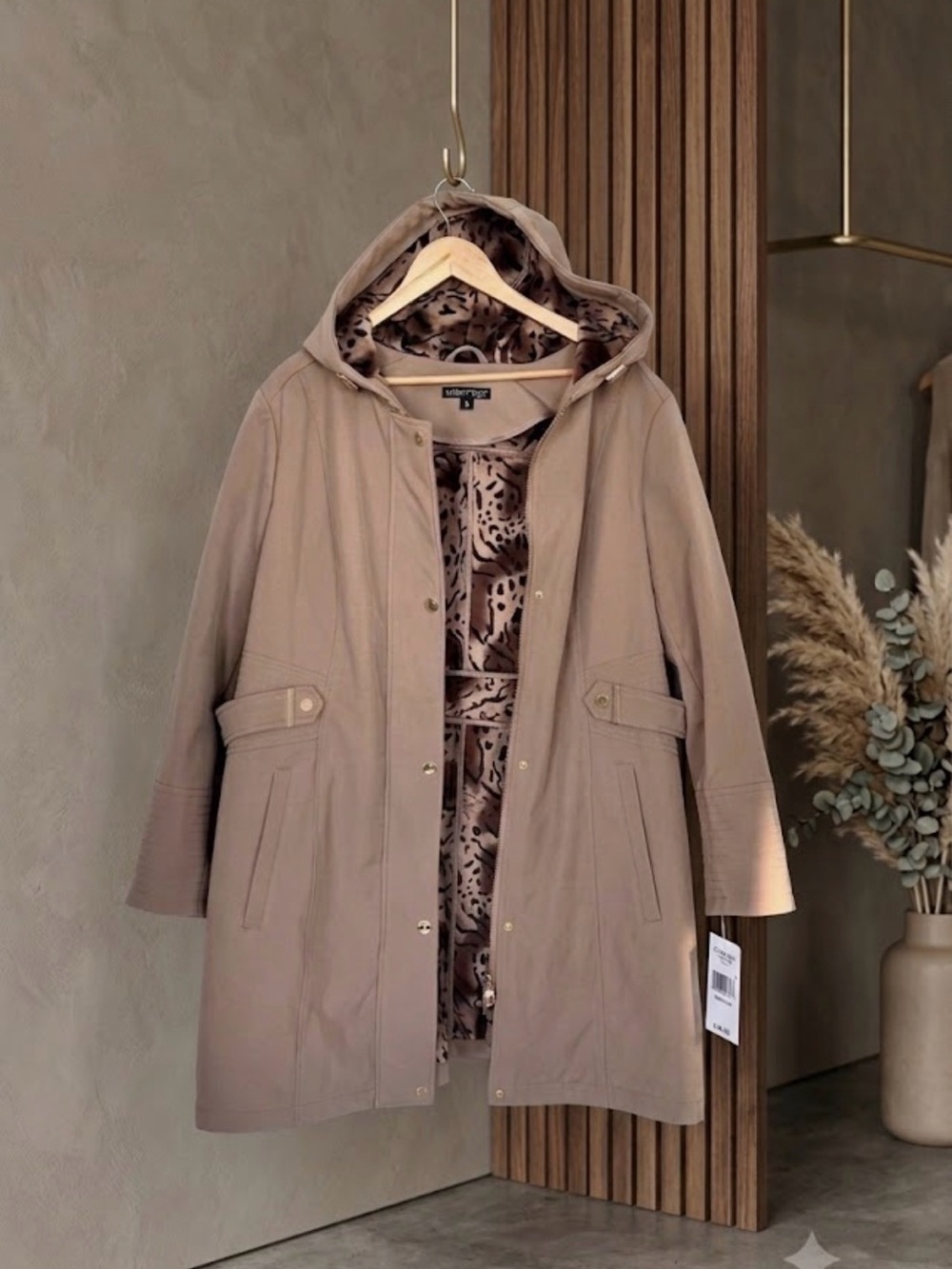 Via Spiga Leopard Print Hooded Raincoat in Camel 2X NWT